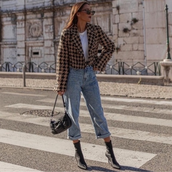 NWT House of Harlow 1960 Houndstooth Double Breasted Crop Tweed Blazer Jacket - Picture 2 of 9